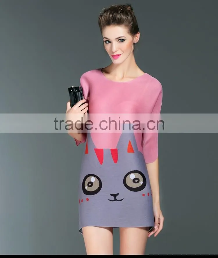 Lovely cat print women loose custom design casual dress