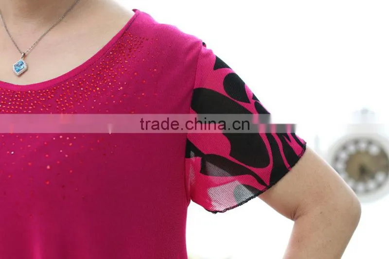 Middle aged women fashion beaded lace loose printed blouse