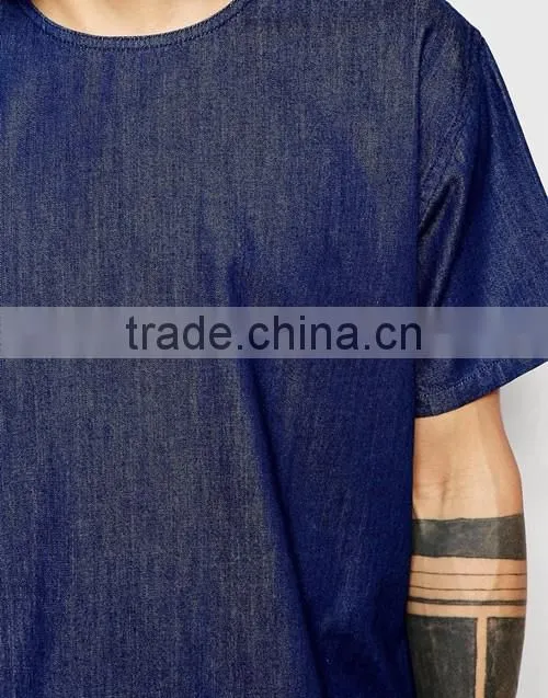 2016 Summer men light weight short sleeves dark wash denim t-shirt custom