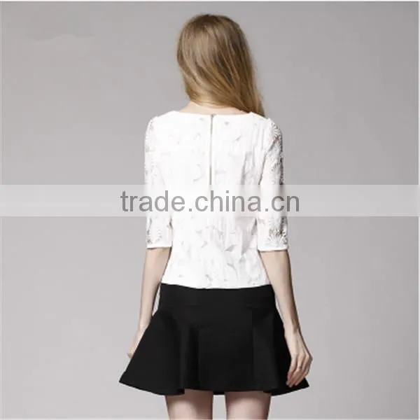 odm manufacturer 2015 summer fashion design round collar half sleeve lace shirt for ladies slim sexy women big size blouses