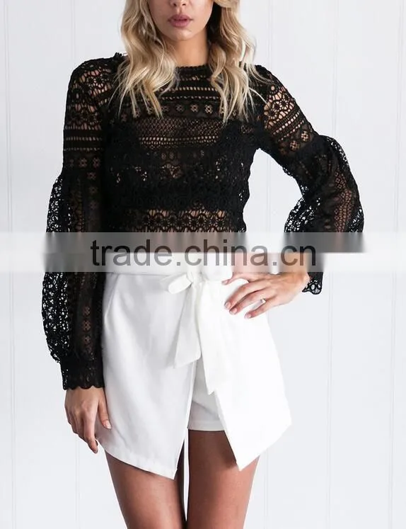 Runwaylover 118 Ladies 2017 Fashion Puff Sleeve Lace Transparent Blouse