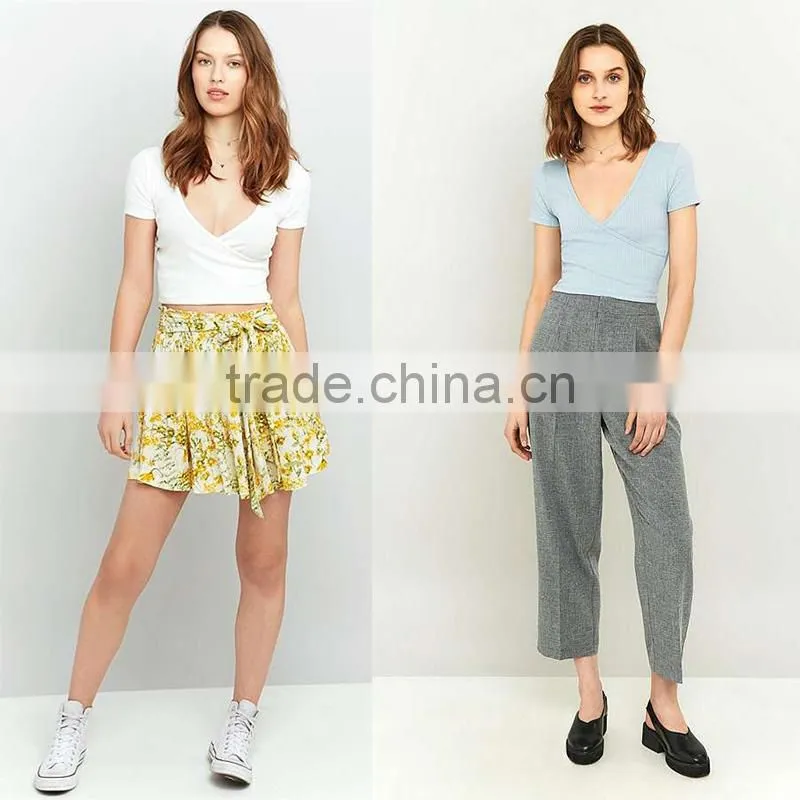 2017 ladies ribbed deep v-neck short sleeves ballet wrap crop cami tops
