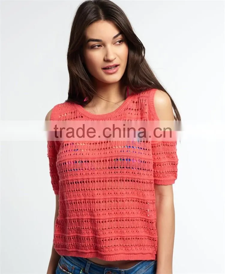 Shandao Factory Summer New Arrivals Casual Round Neck Short Sleeve Off Shoulder See Through Orange Lace Sexy Weatern Tops Ladies