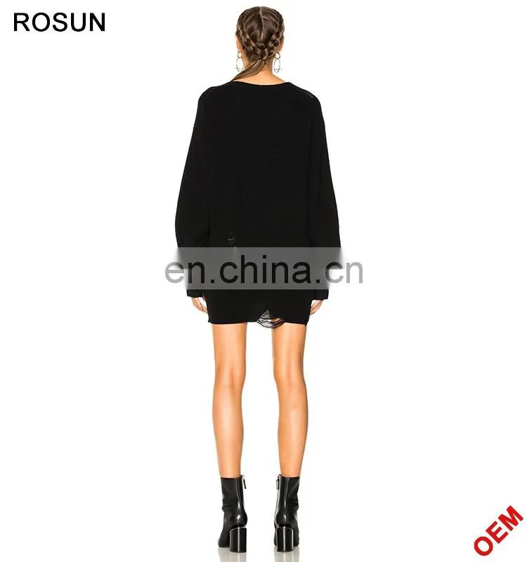 Women Plus Size Black Distressed Deep V Neck Knit Jumper
