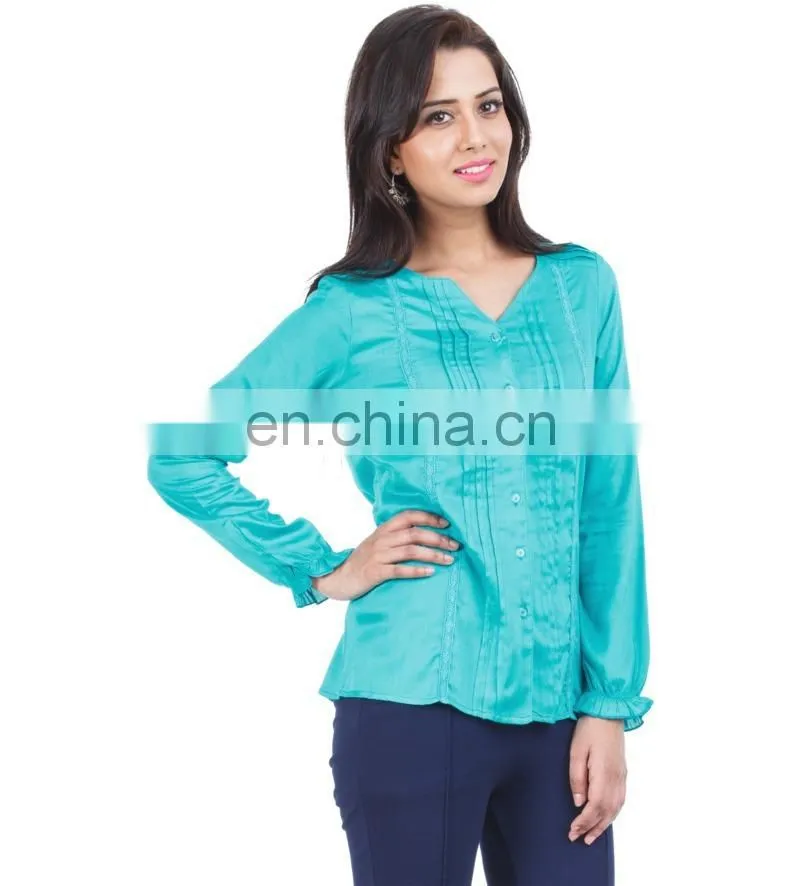 Green Top With Pin Tuck Detailing for ledies printed three quarter sleeve blouse in chiffon with lace collar See larger image