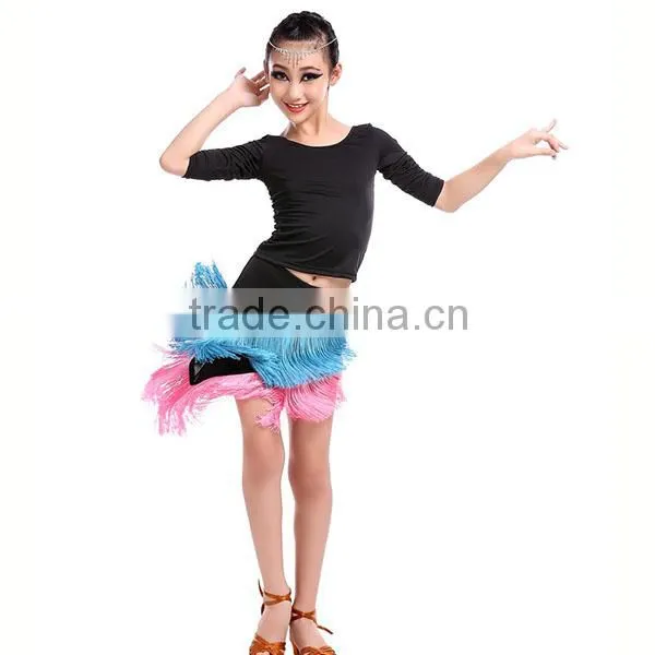 Cheap in-stock high quality elegant Children Latin dance skirt long sleeve + tassel kids latin dance dress wholesale
