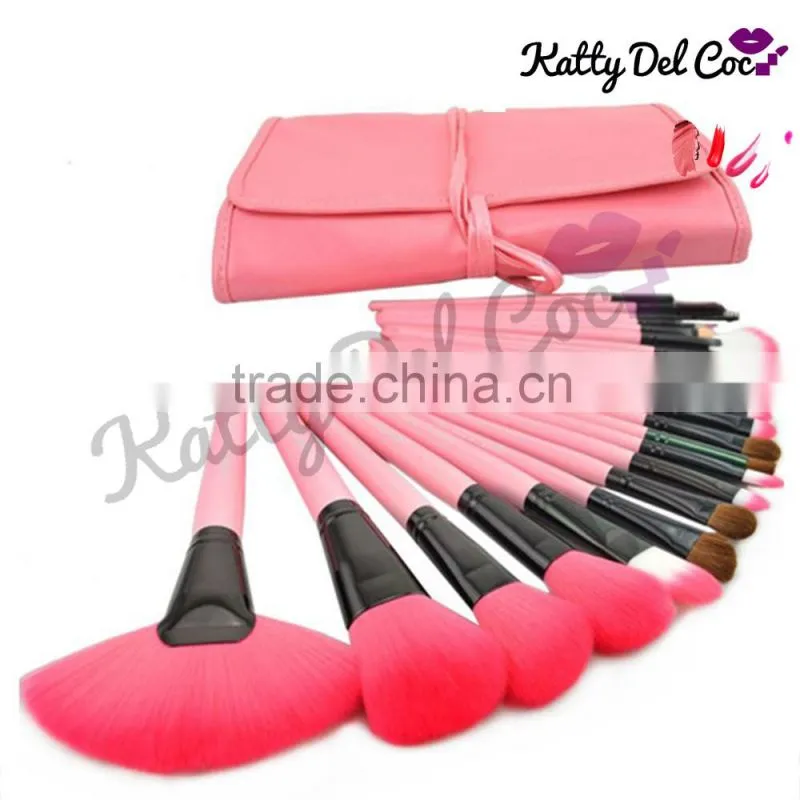 Best quality Pink 24pcs natural hair Pony professional makeup brush set with PU bag