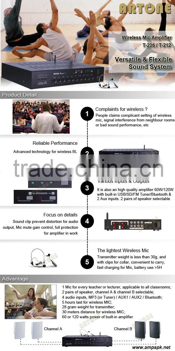 ARTONE T-206 60wx2 usb fm bluetooth amplifier wireless microphone teaching
