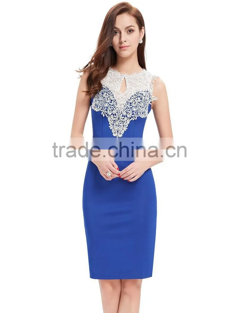 New arrival Women evening wear sleeveless navy blue bodycon dress with lace trims