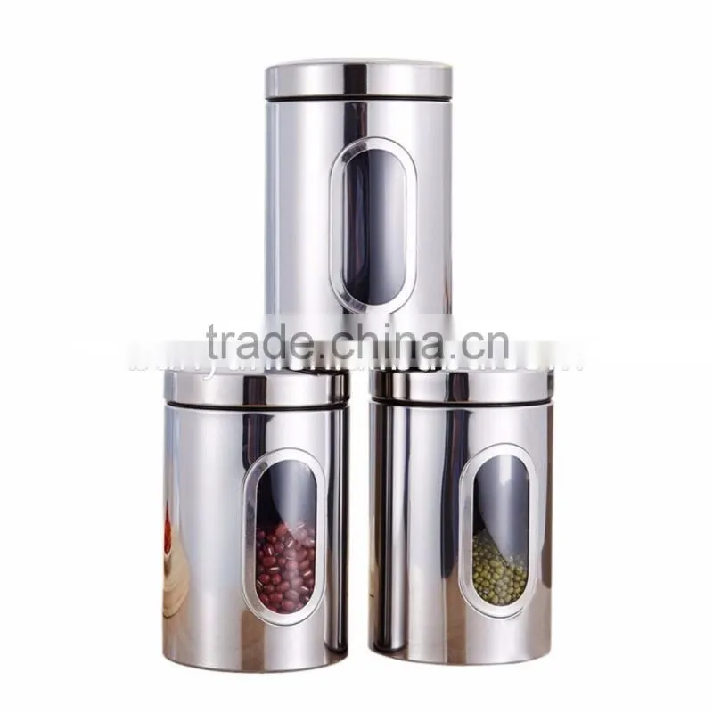 3pcs Round Stainless Steel Tea Coffee Sugar Canisters with Transparent Window