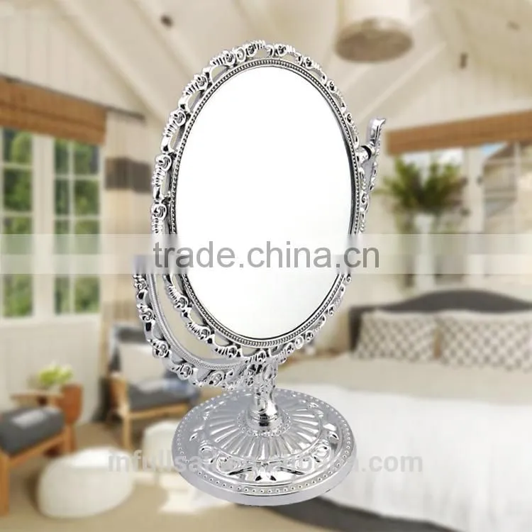 Plastic double sides heart-shaped 2x magniying cosmetic mirror high quality free standing desktop mirror