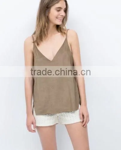 Fashion Women Faux Suede V Neck And Back Strappy Top 2016