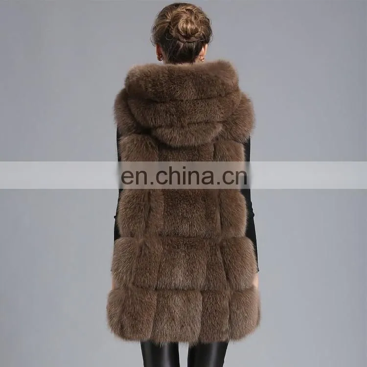 2015 New Style Whole Leather Real Fox Fur Hood Long Style Vest Girl Gilet Beautiful Women Vest