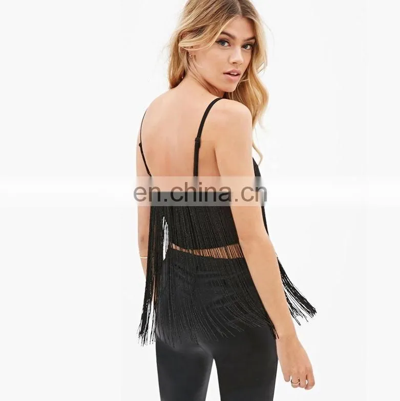 Strap design sex woman fringe top black sexy tops, tassel cloth