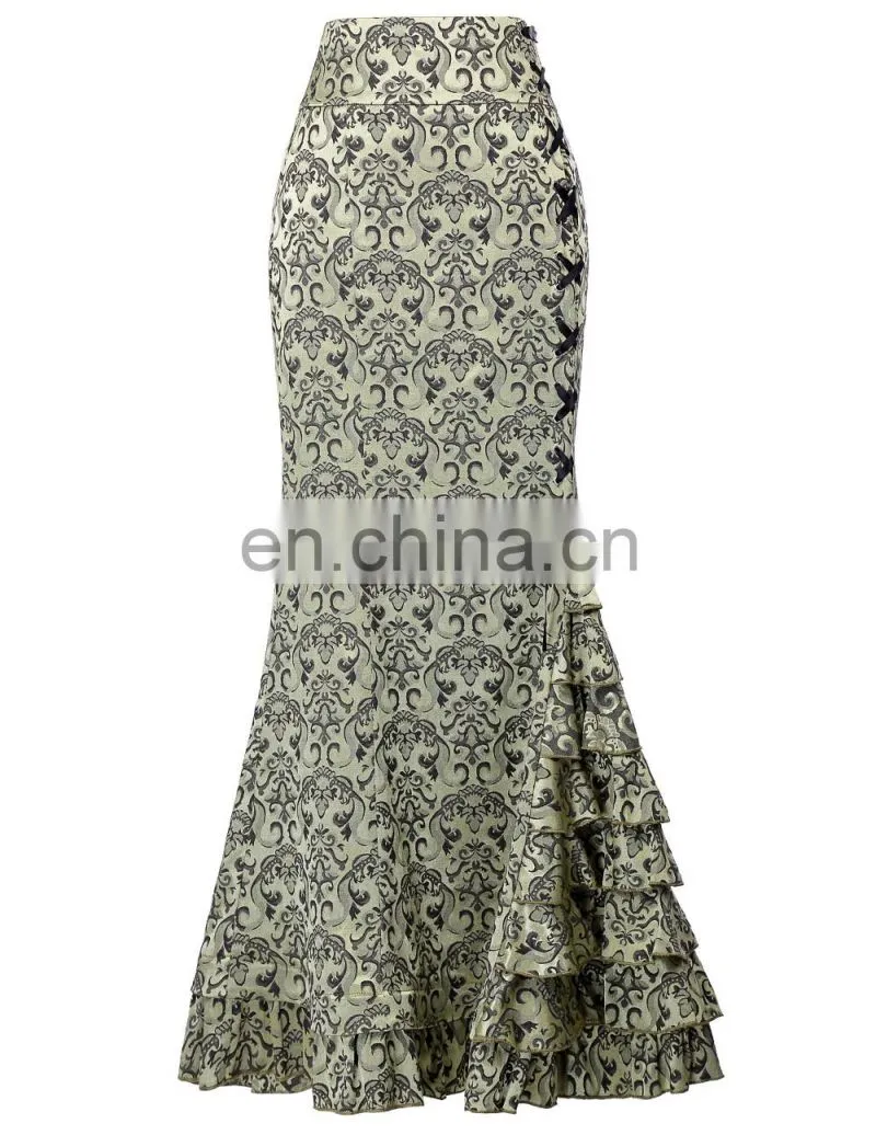 Belle Poque Women Vintage Retro Victorian Style Ruffled Jacquard Fishtail Mermaid Light Green Long Maxi Skirt BP000204-3