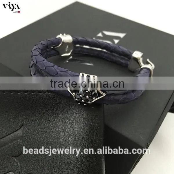 2016 New Custom Men Double Leather Stingray Rose gold Black Stone Bracelet