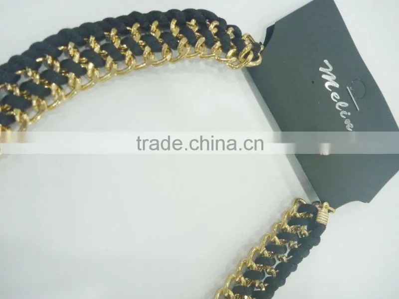 FASHION BRAIDED METAL CHAIN/STONES STATEMENT NECKLACE EARRING SET
