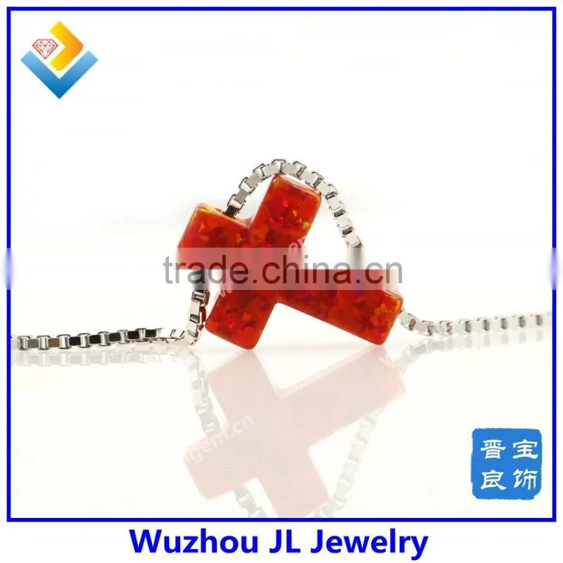 High Quality 925 Sterling Silver Synthetic red color Cross Opal gemstone Necklace Jewelry