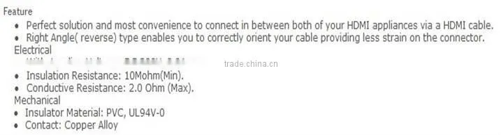 High quality hdmi female to hdmi male right angle adapter