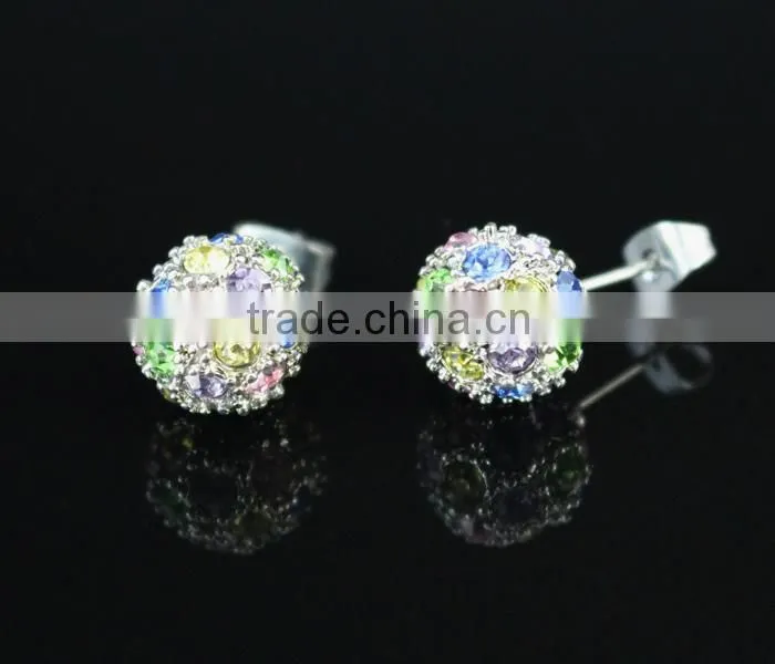 18k gold crystal color stud ball earrings