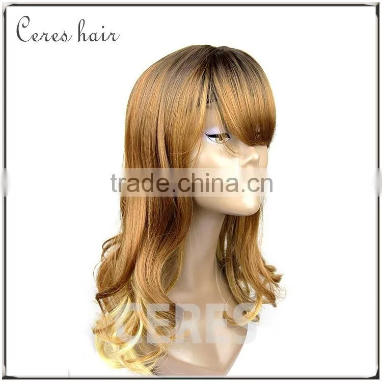 human hair kinky straight micro loop hair wig golden color long wavy/curly hair