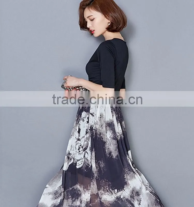 fashion ink printed floral lady chiffon bohemian dress