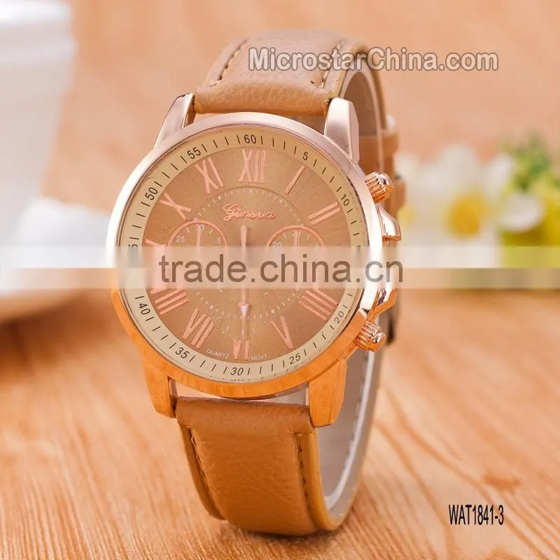 New Fashion Round 2 zones ladies cheap geneva leather watch women