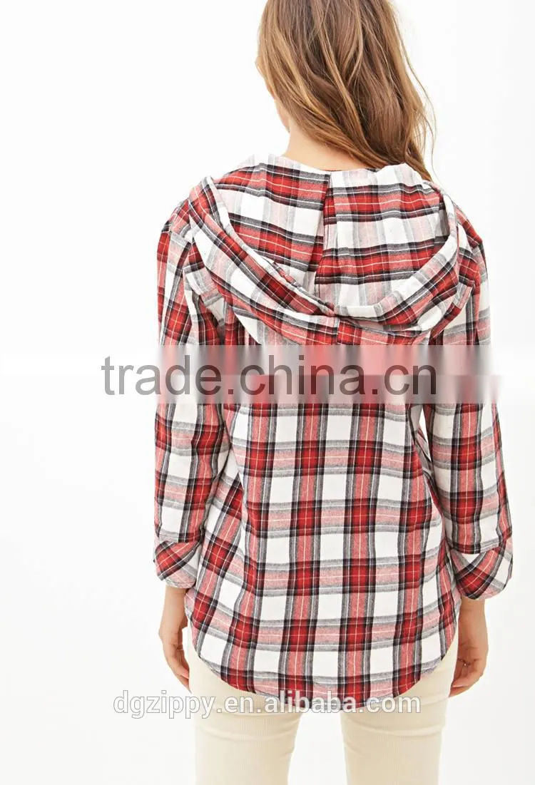 Women wholesale long sleeves plaid flannel hoodies custom hoodies