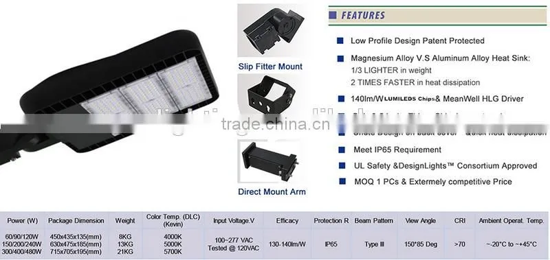 IP65 outdoor led lighting high lumen UL cUL DLC Listed led parking lot light street lighting