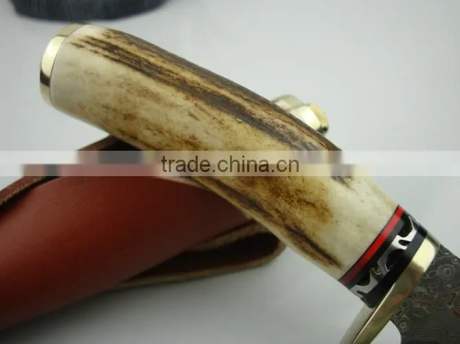 OEM damascus blade hunting knife with antlers handle