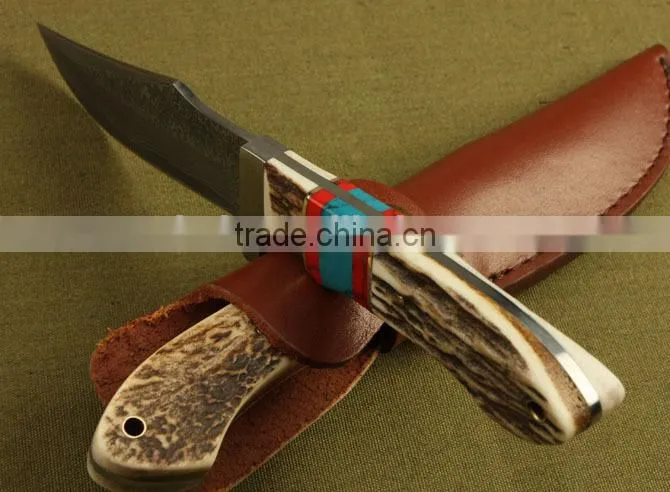 OEM Damascus steel antler wood handle full tang knife
