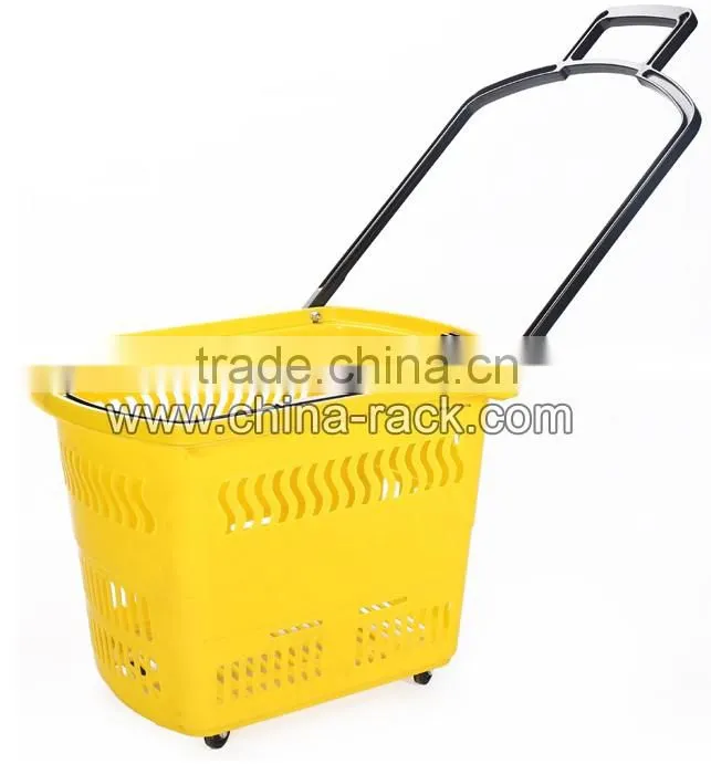 Wholesale Supermarket Rolling Plastic Shopping Basket With Wheels
