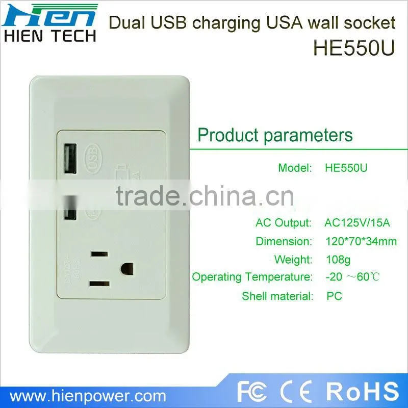 America type USB wall socket 1 gang 2 USB ports