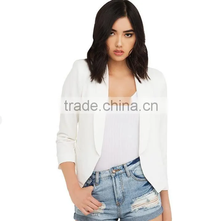 OEM custom latest 3/4 sleeve ladies white short outwear mini office coat 2016