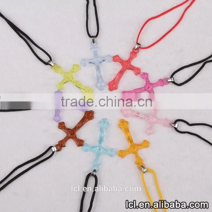 New arrival fashion jewelry cross bling handmade necklace cute girl religious necklace plastic crucifix with cotton rope