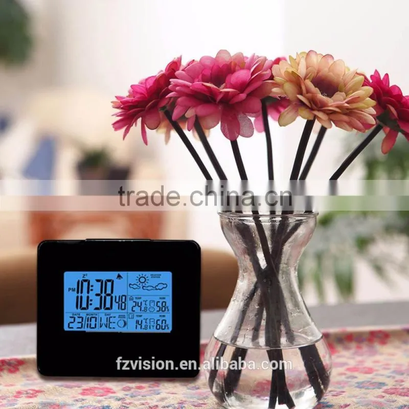 Automatic RCC weather station clock with blue backlight,Thermo-hygrometer Digital Weather Station Clock with 2 Sensors