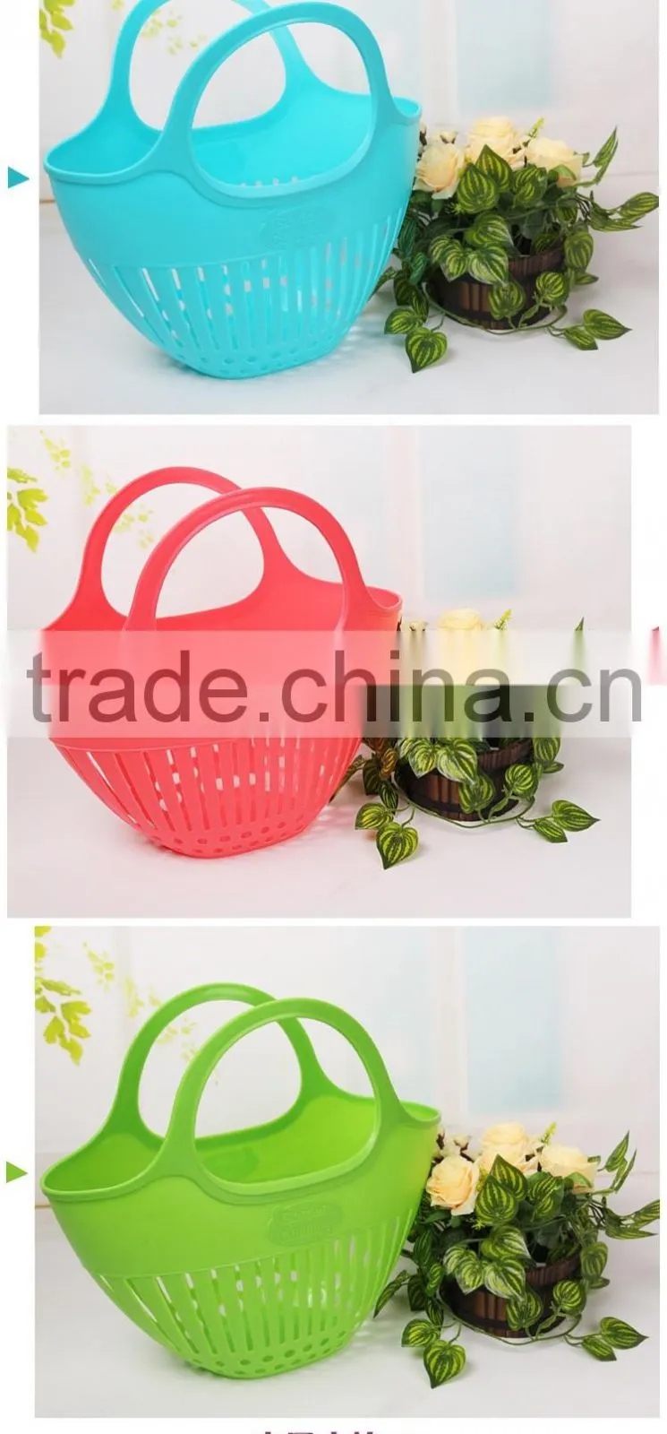 Plastic Storage Basket Fruit Vegetables Shopping Picnic Bin With Handles 2 Sizes