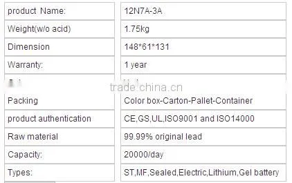 12v dry battery 12N7A-3A