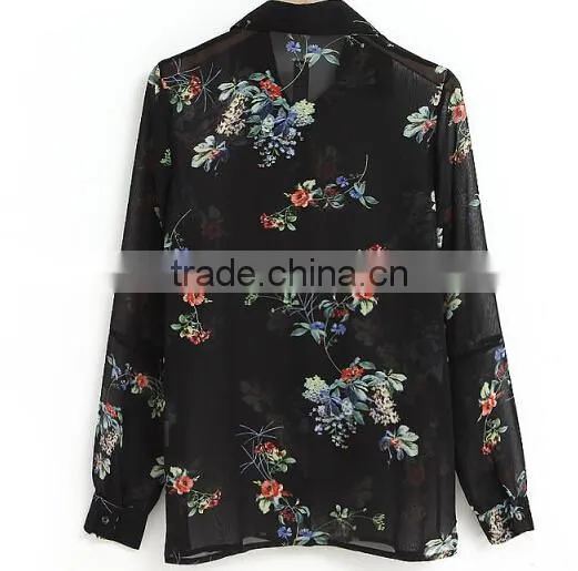 Hot black floral print chiffon shirts for woman chiffon long sleeve chiffon tops
