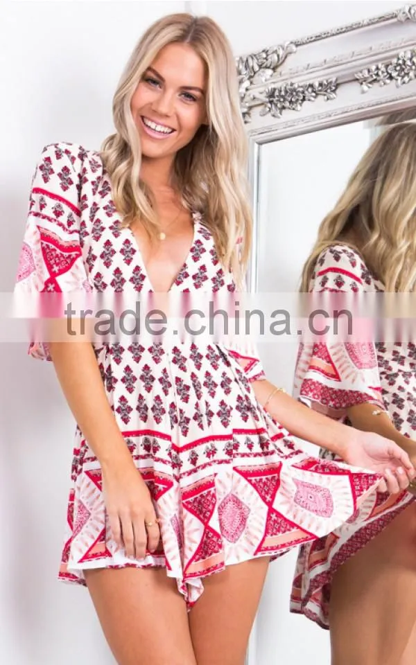 2016 Woman Clothes designer Chinese wind two-piece outfit In Red Geometric Pattern Playsuit