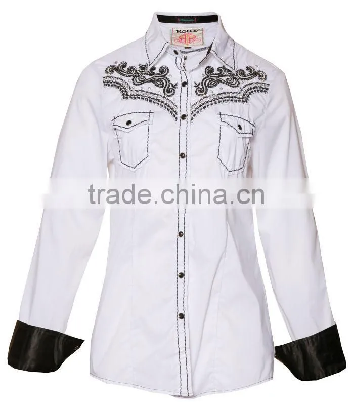 Womens cotton poplin shirt with heavy emboridery,crystal decoration shirt with two chest pockets,roll up the sleeves