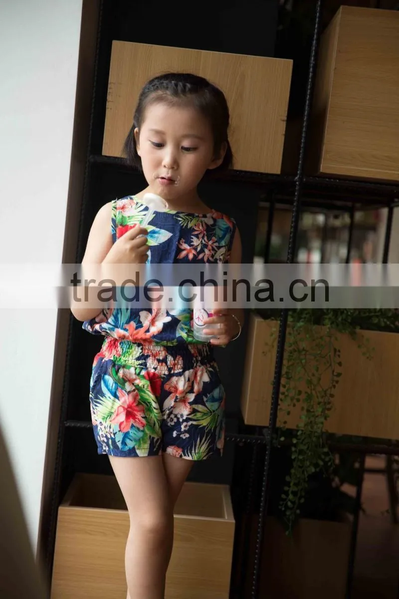 fashion girl sleeveless blouse and panty set 100% viscose blouse set for baby girl printed flower dress vacation cloth set
