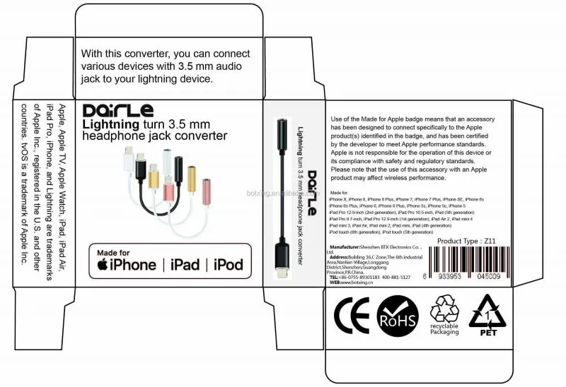 Used for iphone 7 MFI headphone adapter 8pins ios earphone jack audio adapter