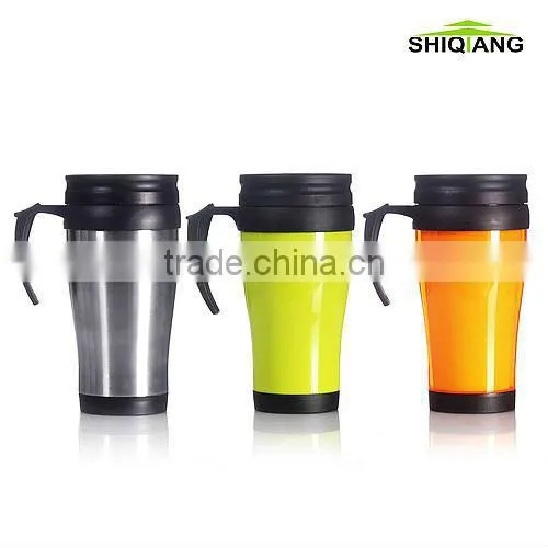 400ml travel bottles with plastic inner stainless steel outer promotional car mugs with lid and handle