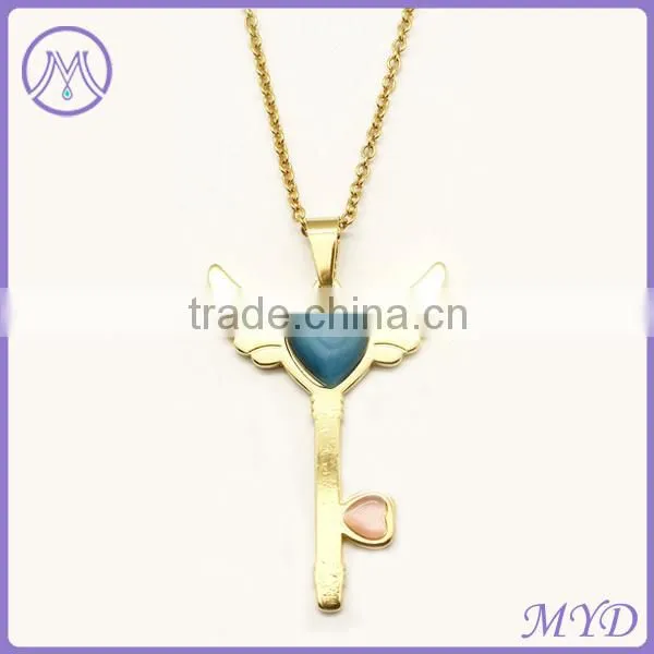 Stainless Steel Gold Plating Angel Wing Key Pendant Necklace