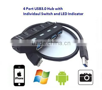 4 Port USB3.0 Hub with Idividual Switch and LED Indicator