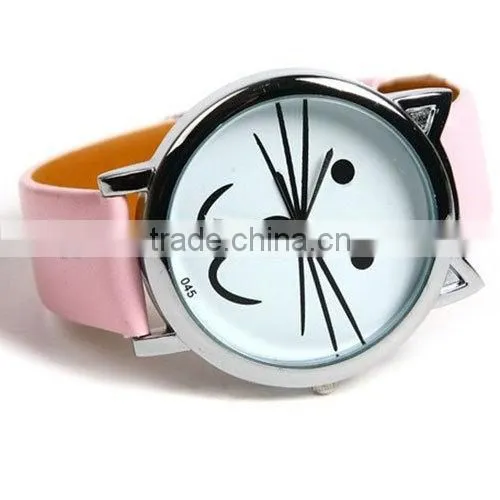 Cat watch kids animal metal cat case leather strap lovely cute watch kids