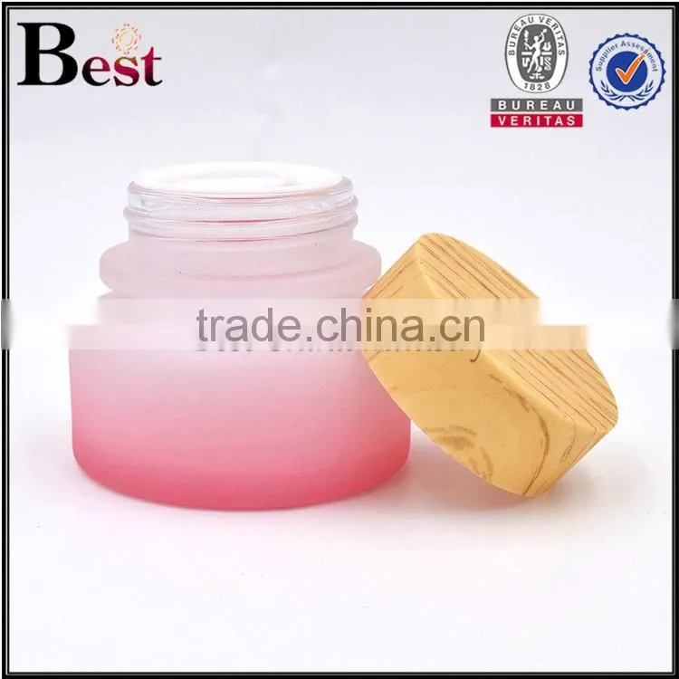 50g empty pink color glass cream jar with bamboo screw cap
