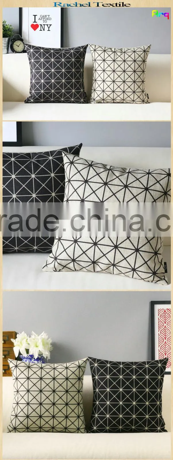 New design Korean/Japan modern style -Black and white linen cotton jacquard printed material for car cushion set, office cushion