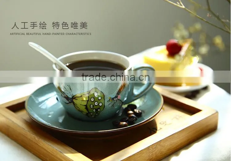 Jingdezhen hand drawing Latte machiatto coffee cup with plate and spoon